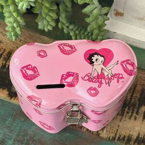 Betty Boop Kisses Pattern Pink Piggy Bank Vintage Metal Heart Shaped Container